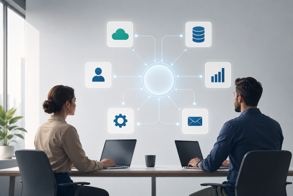 Business systems integration. Diagram showing seamless data flow and automated integration between CRM, ERP, and marketing platforms.