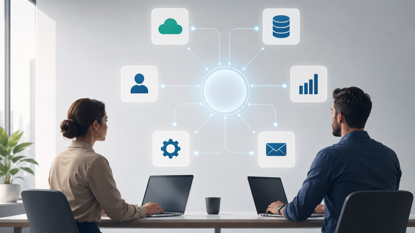 Business systems integration. Diagram showing seamless data flow and automated integration between CRM, ERP, and marketing platforms.