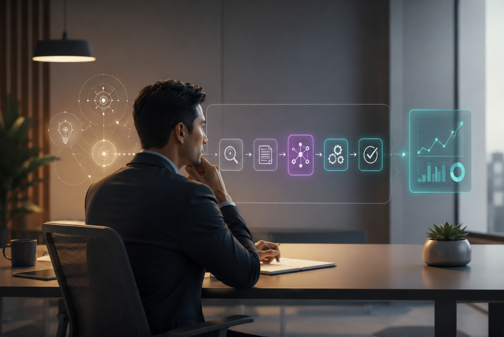 A business strategy team analyzing workflow data to implement AI for business