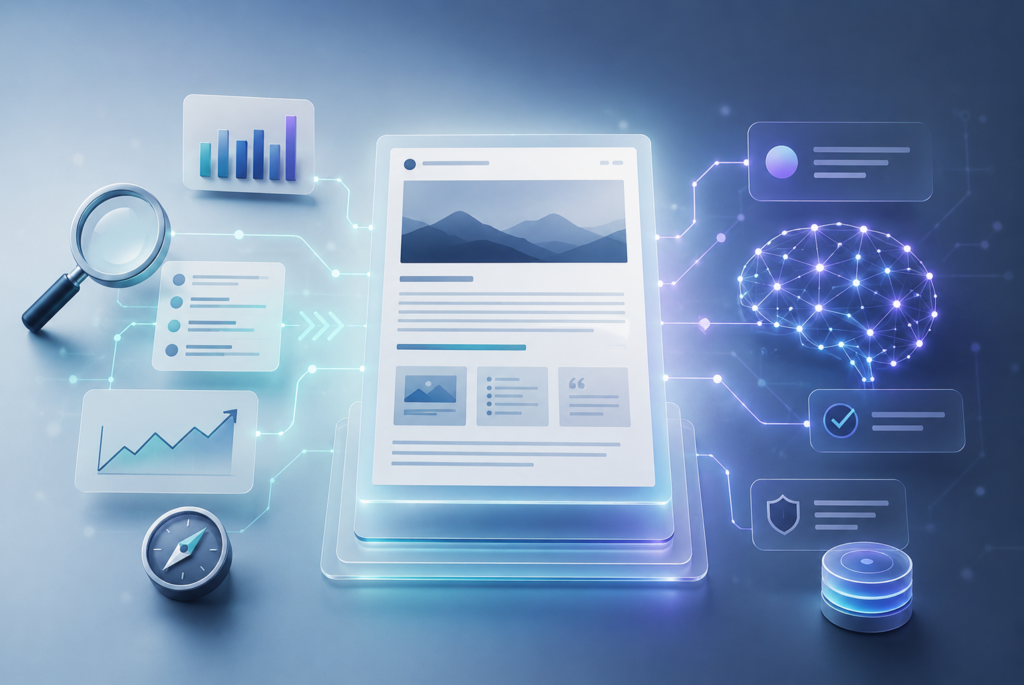 Ilustración sobre SEO y AIO mostrando la optimización de contenido para buscadores e inteligencia artificial.