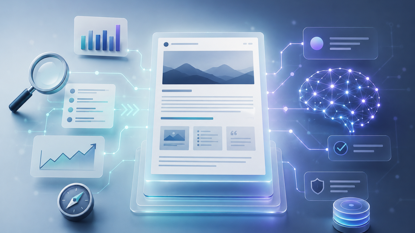 Ilustración sobre SEO y AIO mostrando la optimización de contenido para buscadores e inteligencia artificial.